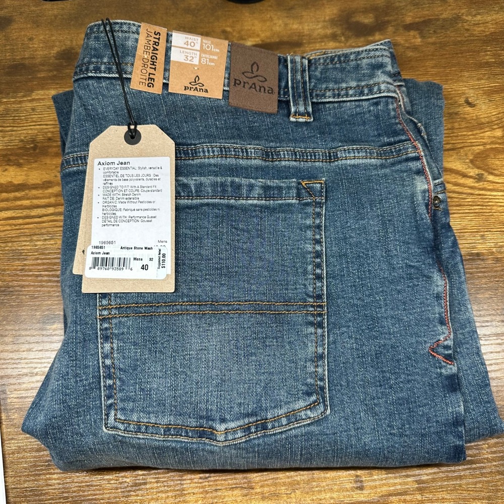 Prana Axiom Jean Mens 40x32 Antique Stone Wash Organic Cotton Straight Leg Denim